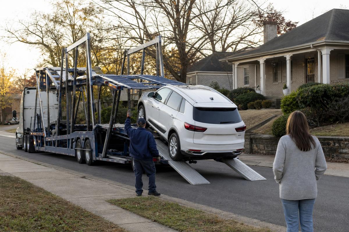 An SUV being driven down the ramps off an open carrier at delivery