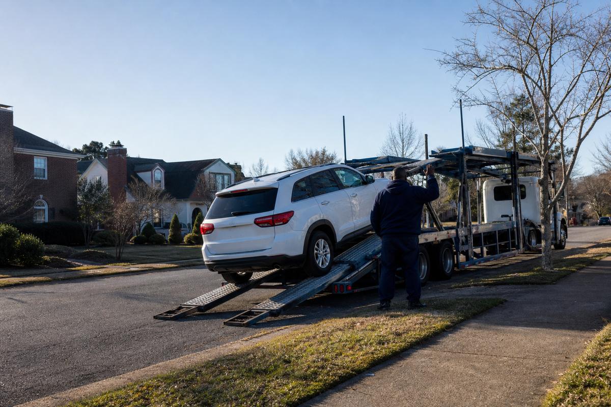 An SUV being driven up the ramps onto an open carrier at the curb
