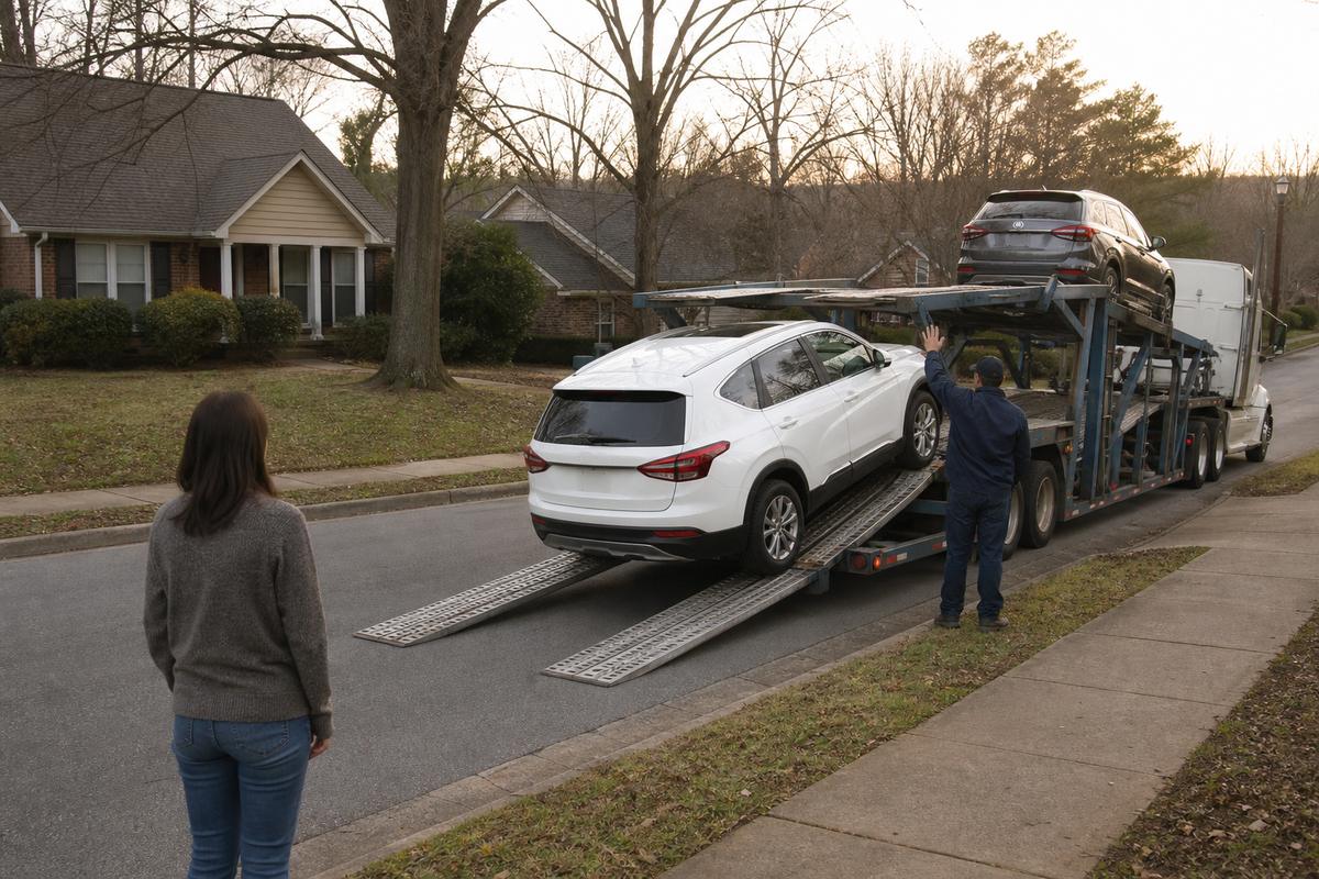 Car delivery in Huntsville An SUV being driven down the ramps off an open carrier at delivery
