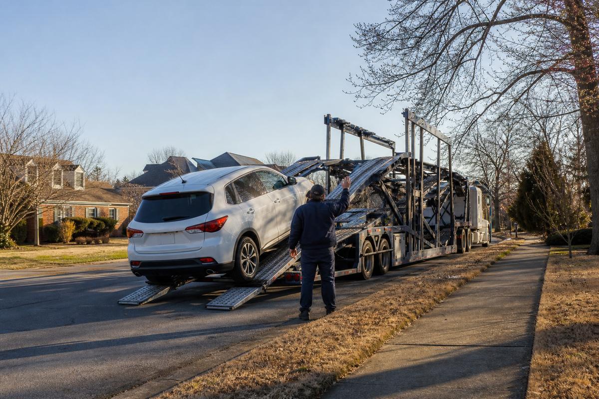 Car pickup in Huntsville An SUV being driven up the ramps onto an open carrier at the curb