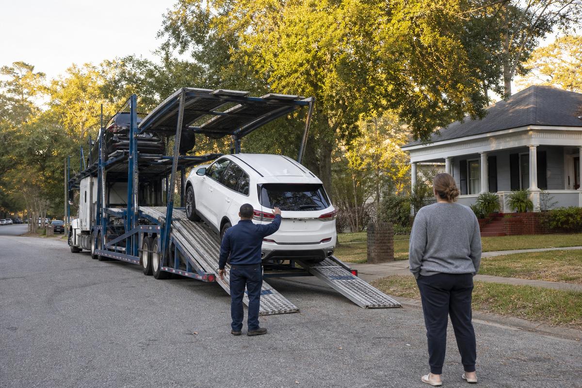 Car delivery in Mobile An SUV being driven down the ramps off an open carrier at delivery