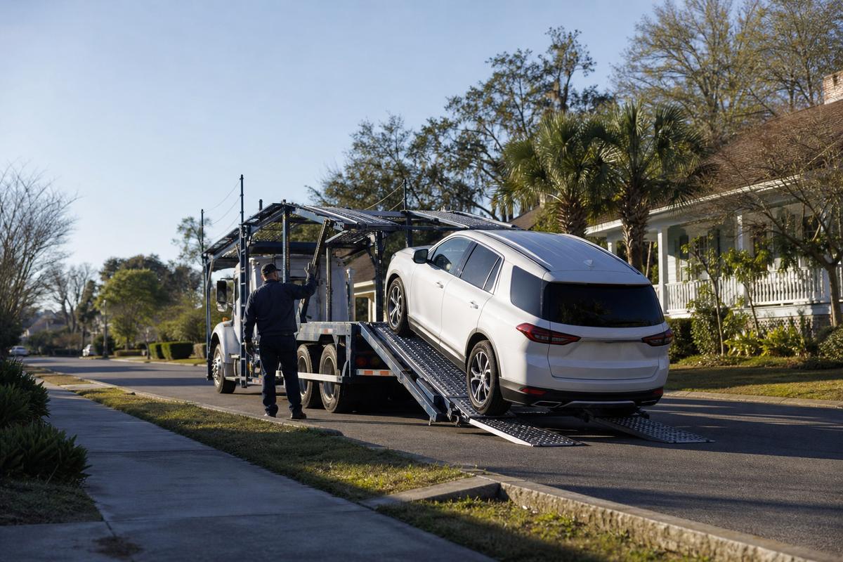 Car pickup in Mobile An SUV being driven up the ramps onto an open carrier at the curb