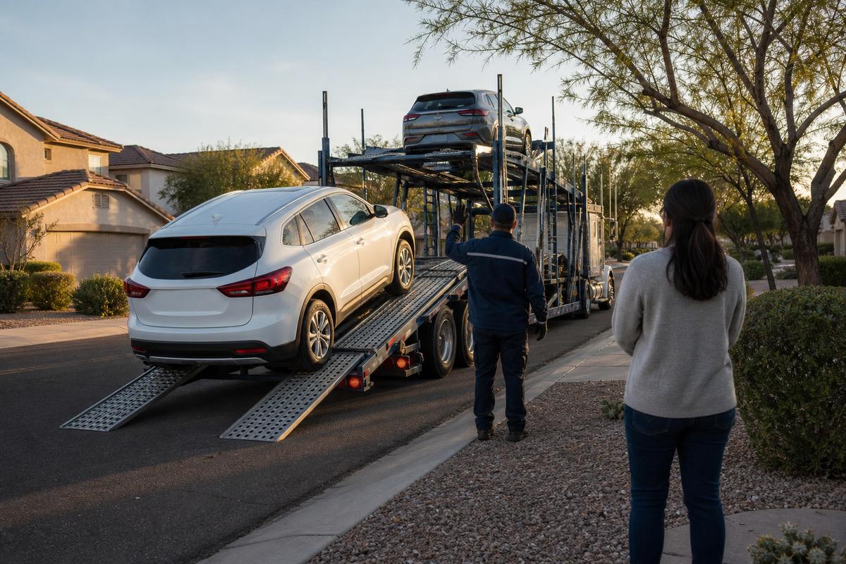 Car delivery in Chandler An SUV being driven down the ramps off an open carrier at delivery