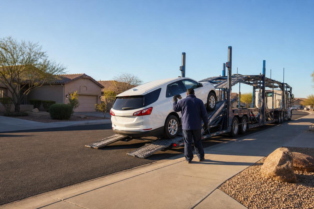 Car pickup in Chandler An SUV being driven up the ramps onto an open carrier at the curb