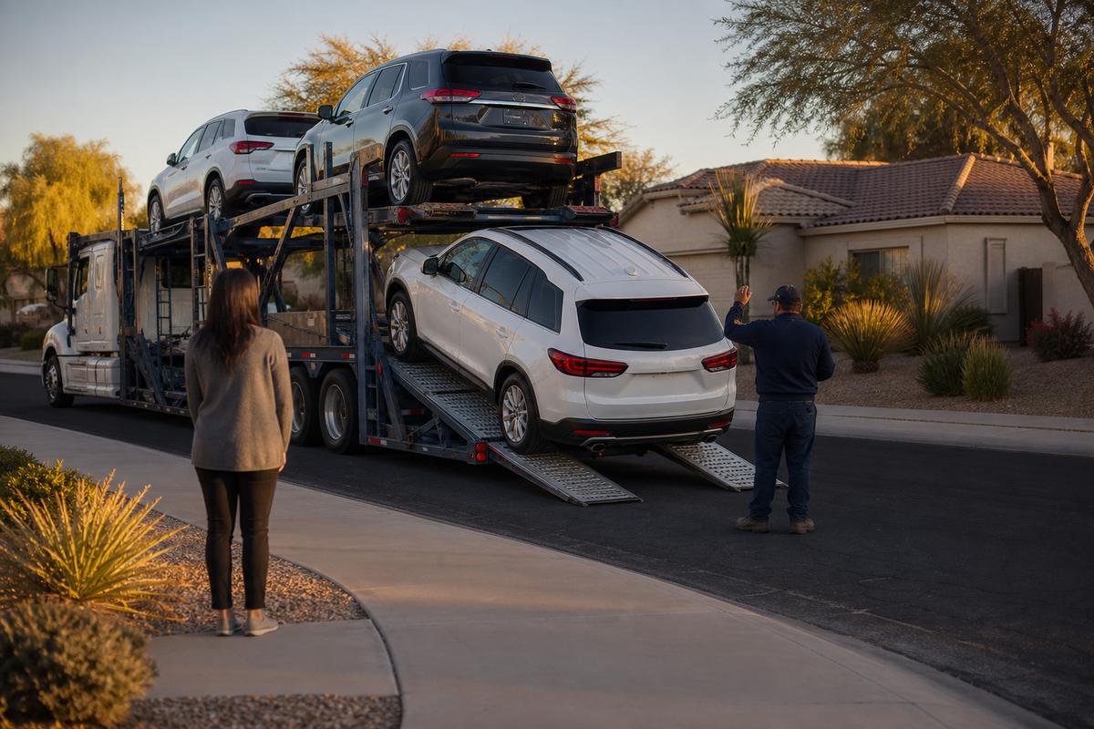 Car delivery in Gilbert An SUV being driven down the ramps off an open carrier at delivery