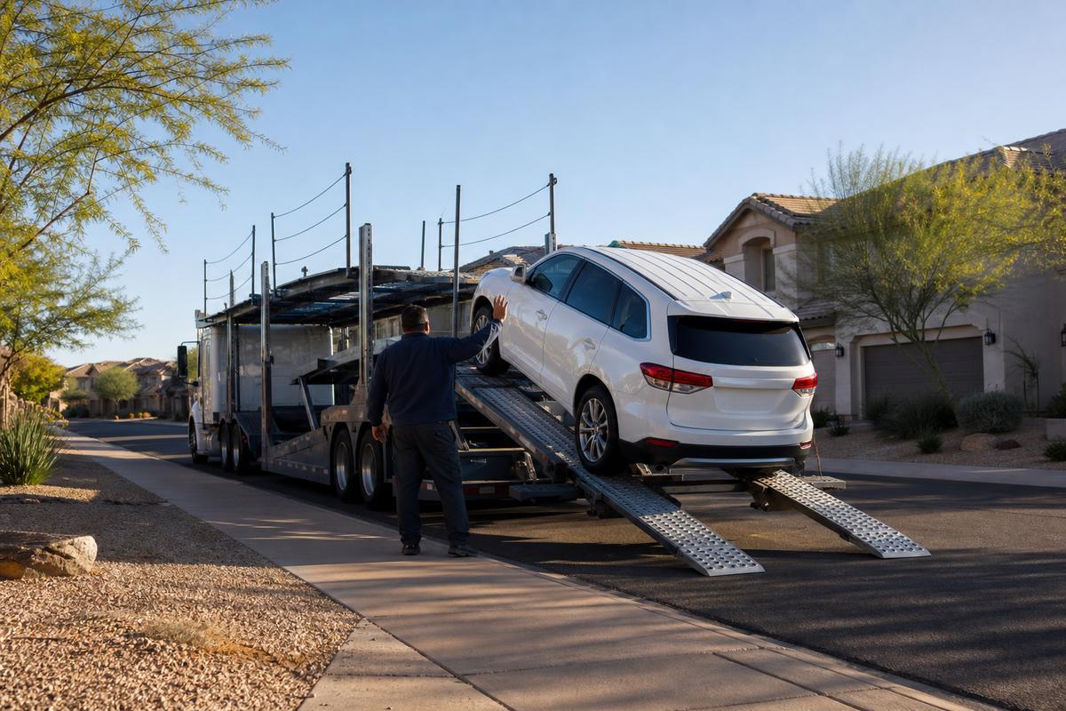 Car pickup in Gilbert An SUV being driven up the ramps onto an open carrier at the curb