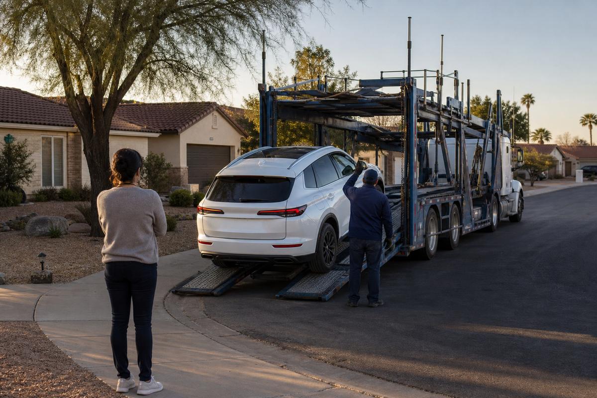 Car delivery in Glendale An SUV being driven down the ramps off an open carrier at delivery