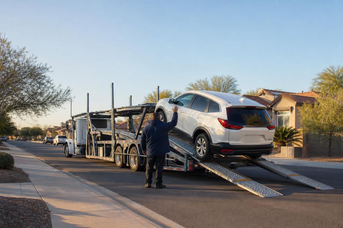Car pickup in Glendale An SUV being driven up the ramps onto an open carrier at the curb
