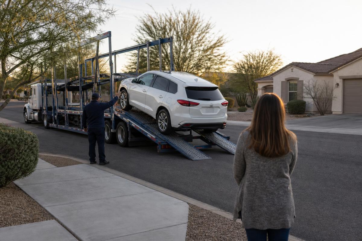 An SUV being driven down the ramps off an open carrier at delivery