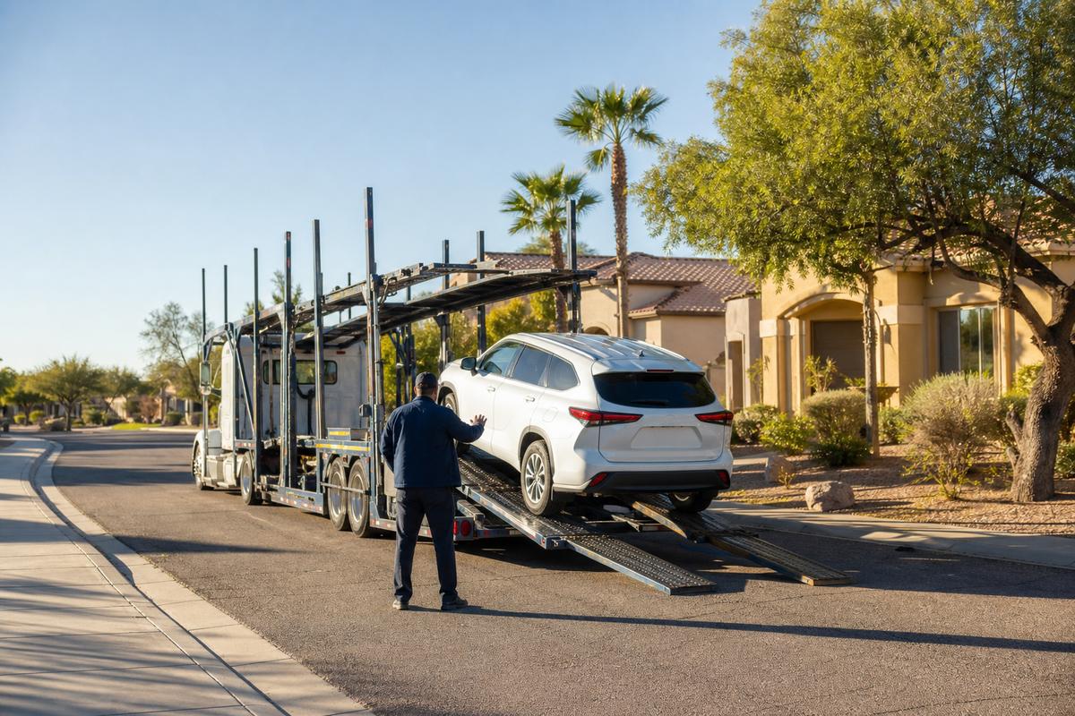 An SUV being driven up the ramps onto an open carrier at the curb