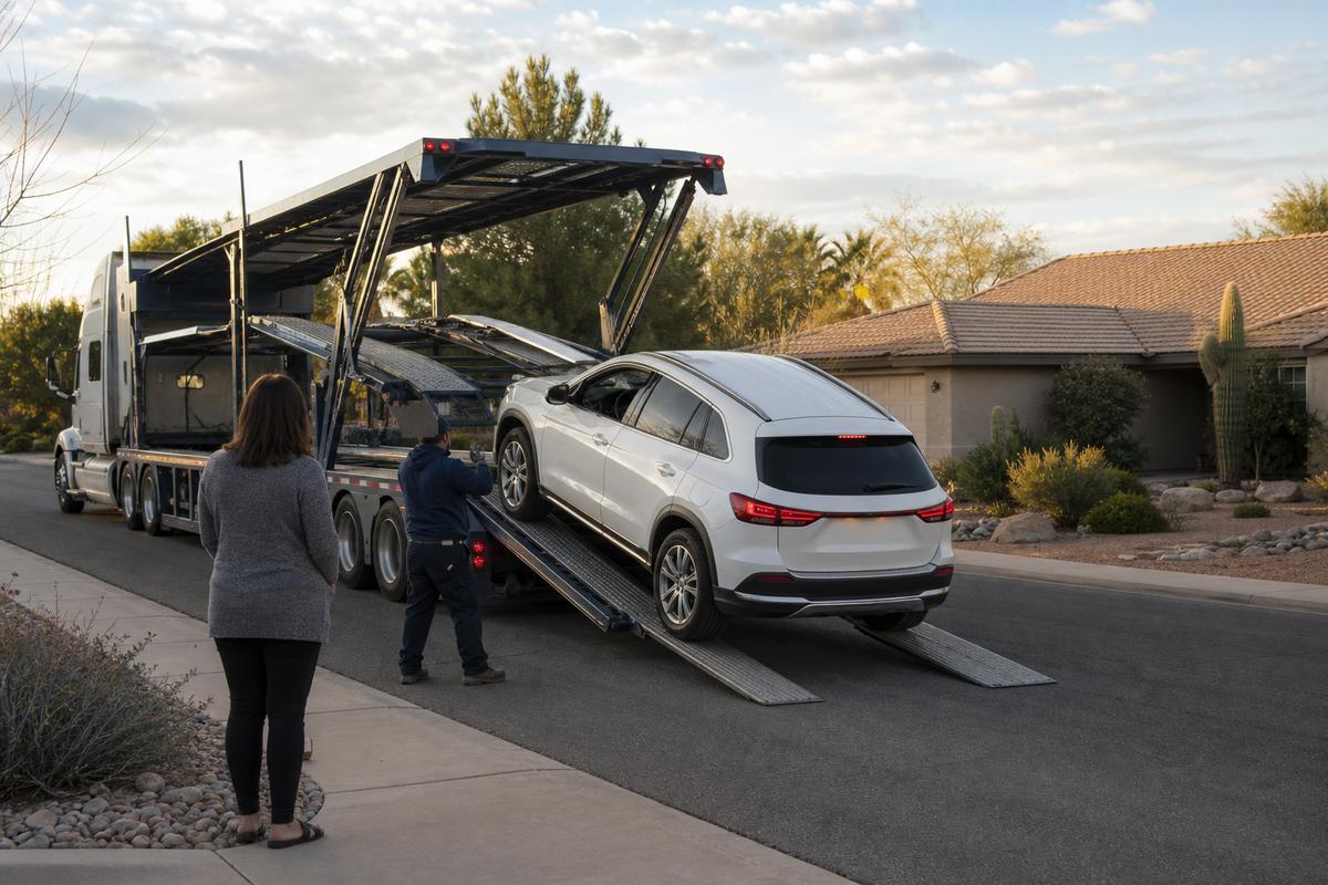 An SUV being driven down the ramps off an open carrier at delivery