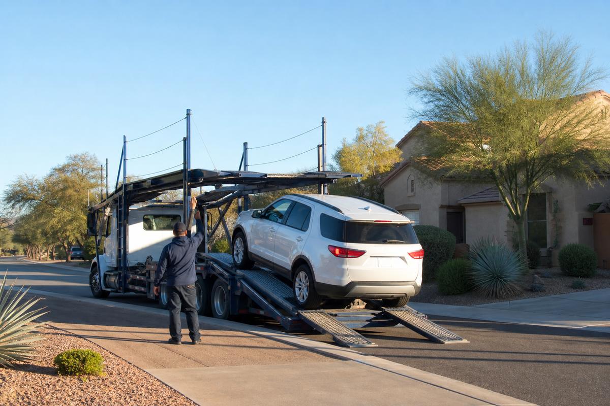 An SUV being driven up the ramps onto an open carrier at the curb