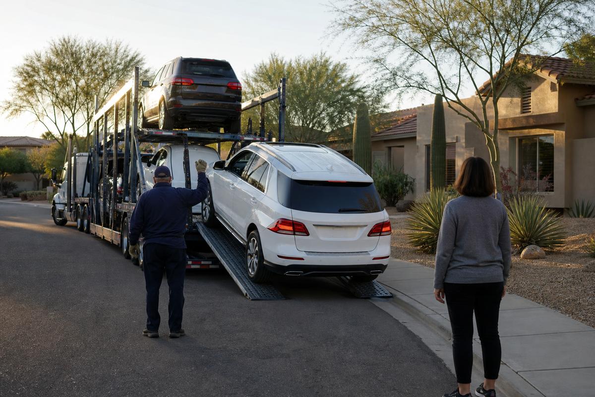 Car delivery in Scottsdale An SUV being driven down the ramps off an open carrier at delivery