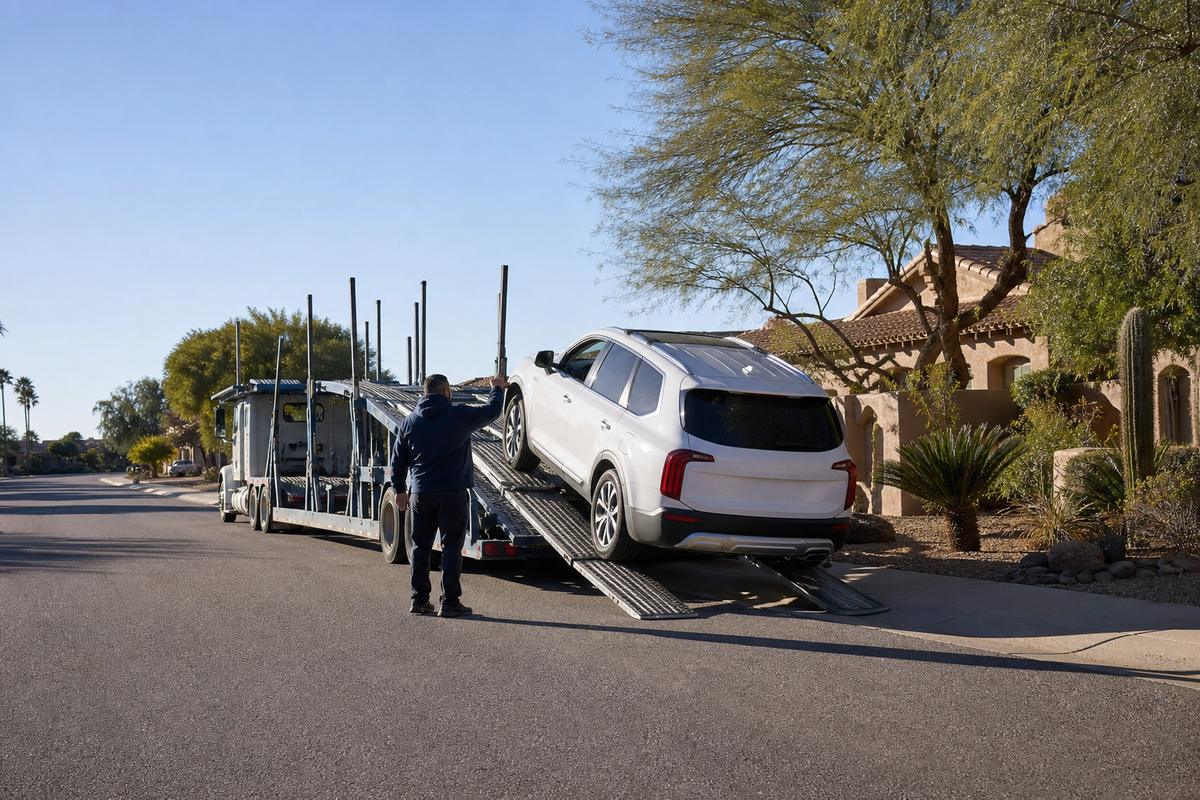 Car pickup in Scottsdale An SUV being driven up the ramps onto an open carrier at the curb