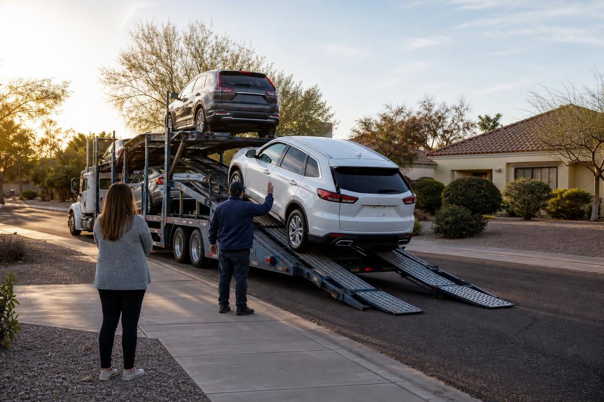 An SUV being driven down the ramps off an open carrier at delivery