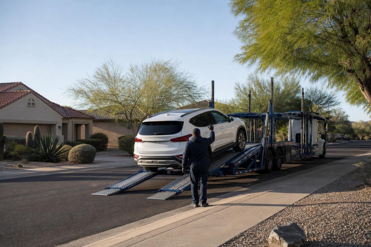 An SUV being driven up the ramps onto an open carrier at the curb