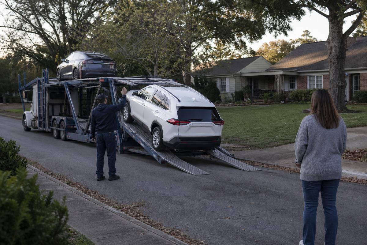 An SUV being driven down the ramps off an open carrier at delivery