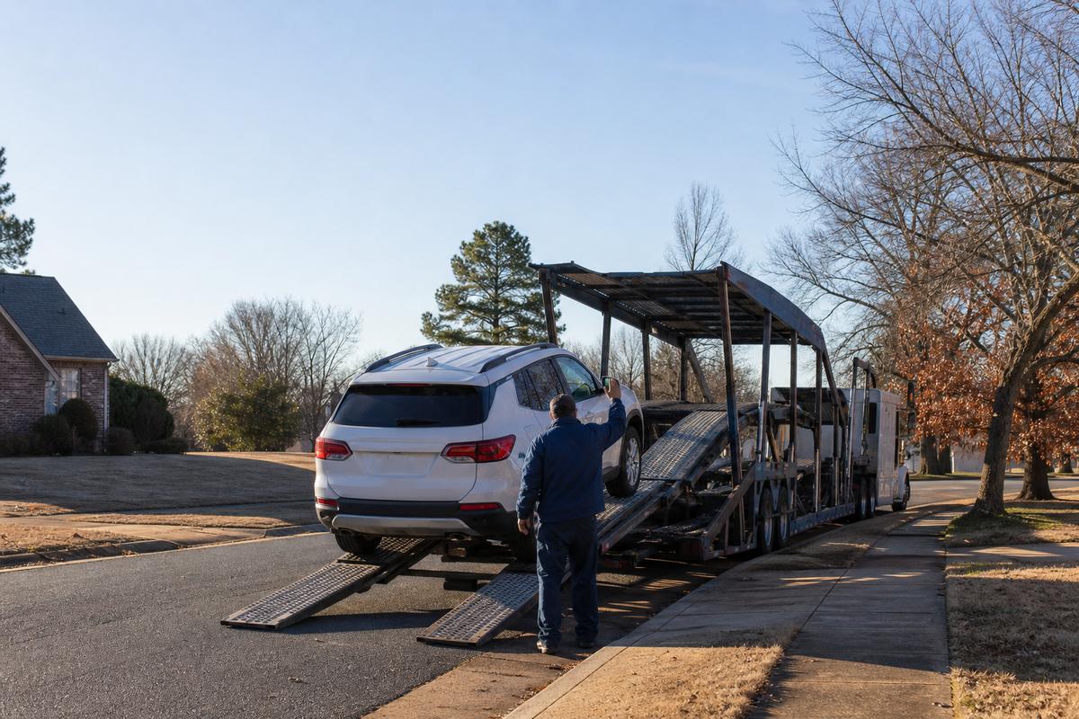 An SUV being driven up the ramps onto an open carrier at the curb