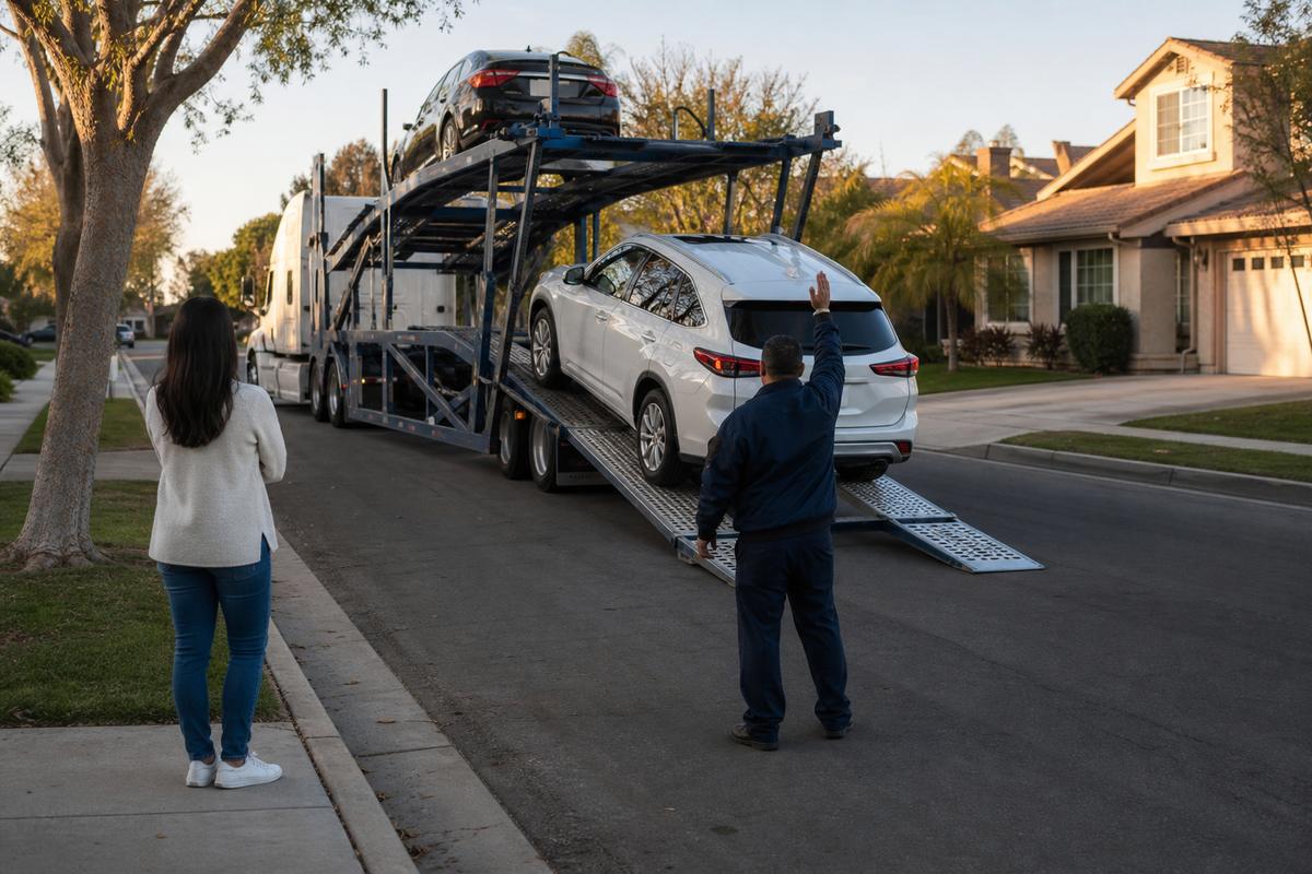 An SUV being driven down the ramps off an open carrier at delivery