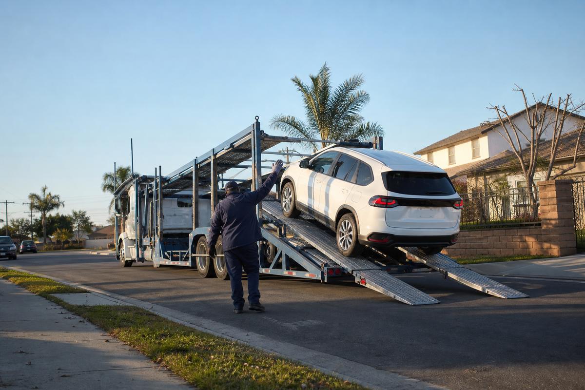 An SUV being driven up the ramps onto an open carrier at the curb