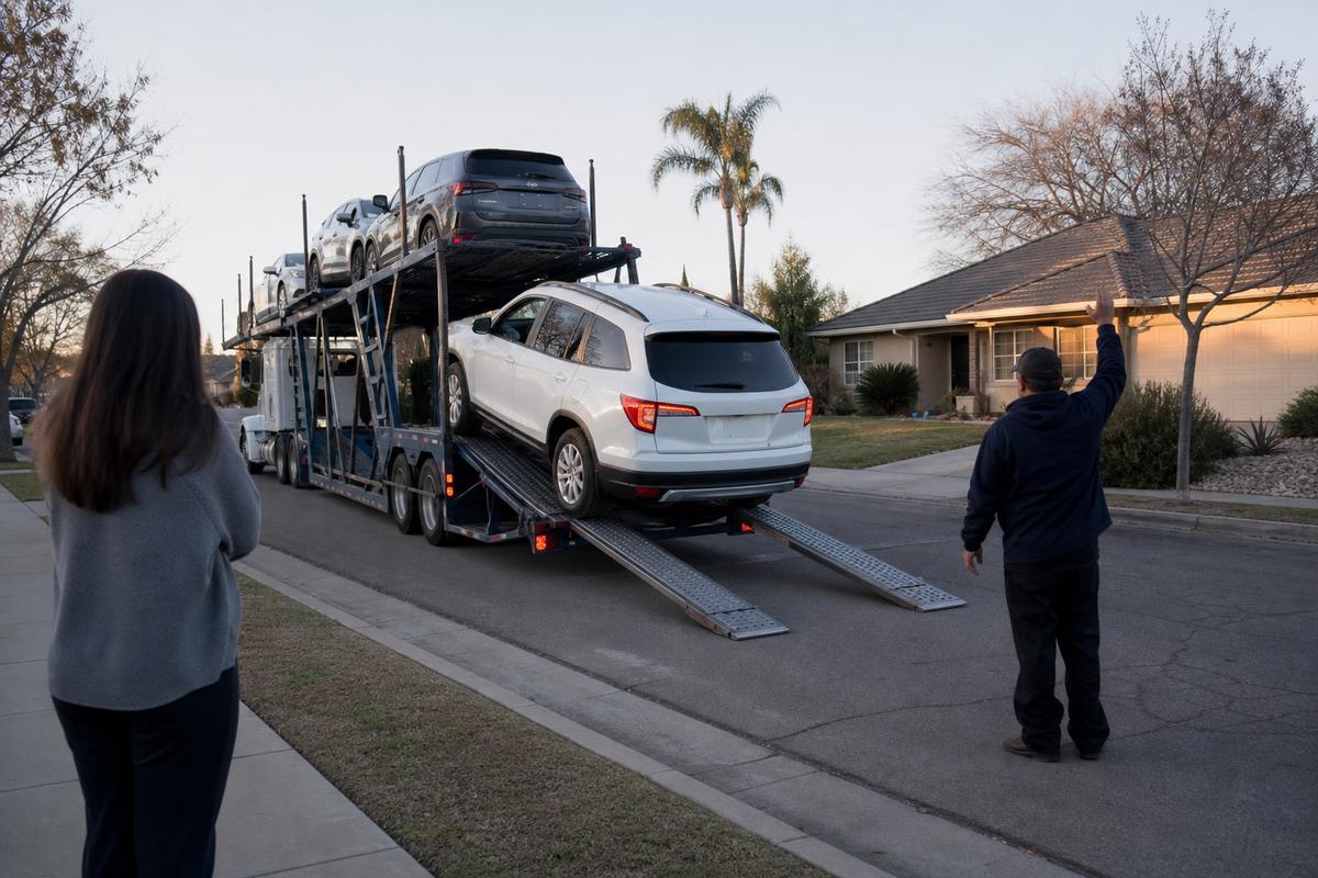 Car delivery in Bakersfield An SUV being driven down the ramps off an open carrier at delivery