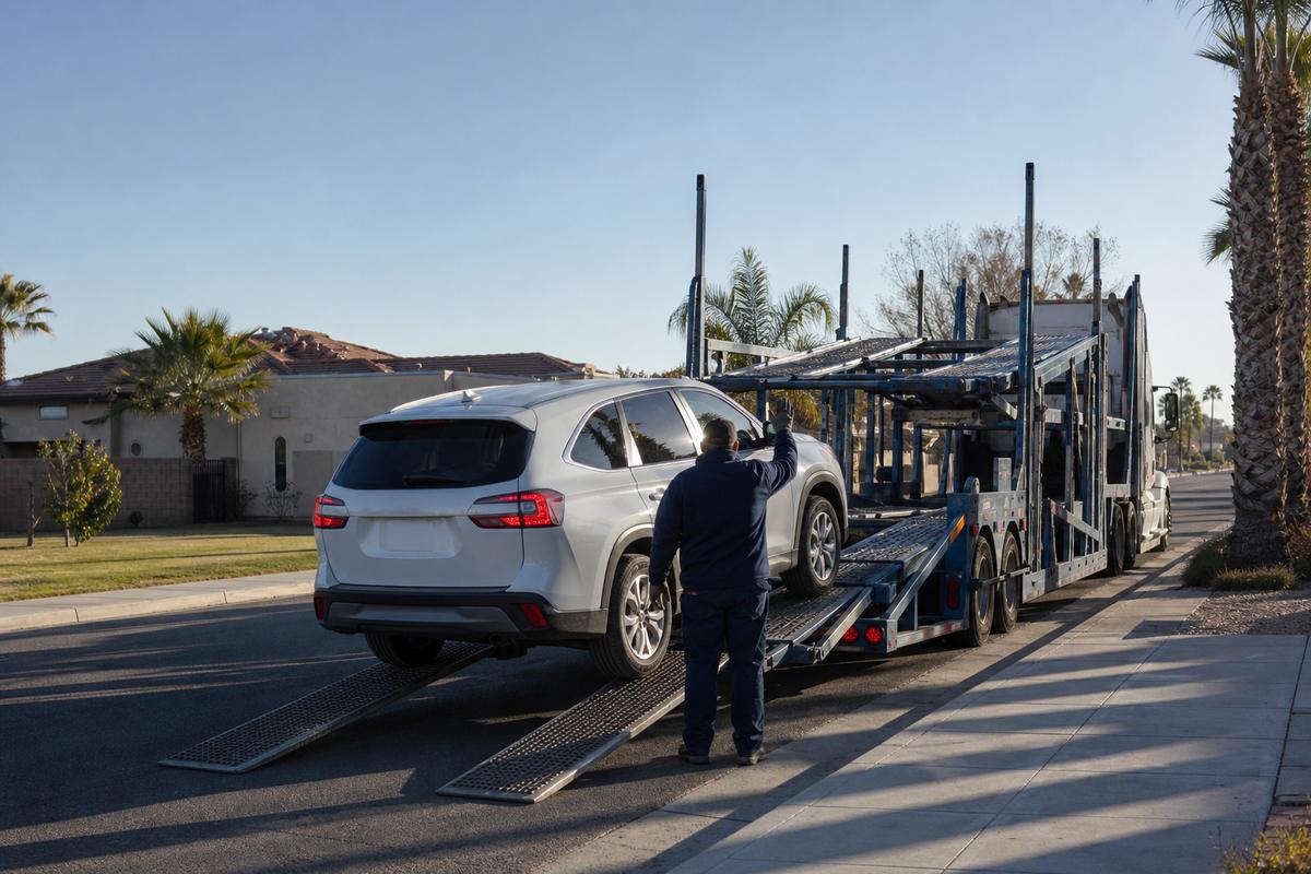 Car pickup in Bakersfield An SUV being driven up the ramps onto an open carrier at the curb
