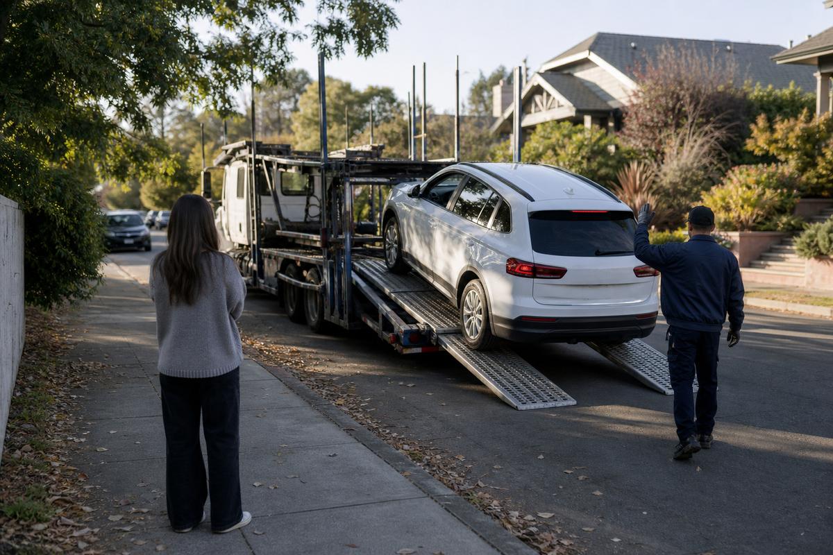 Car delivery in Berkeley An SUV being driven down the ramps off an open carrier at delivery