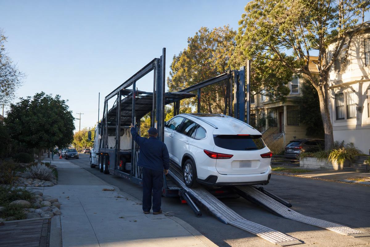 Car pickup in Berkeley An SUV being driven up the ramps onto an open carrier at the curb
