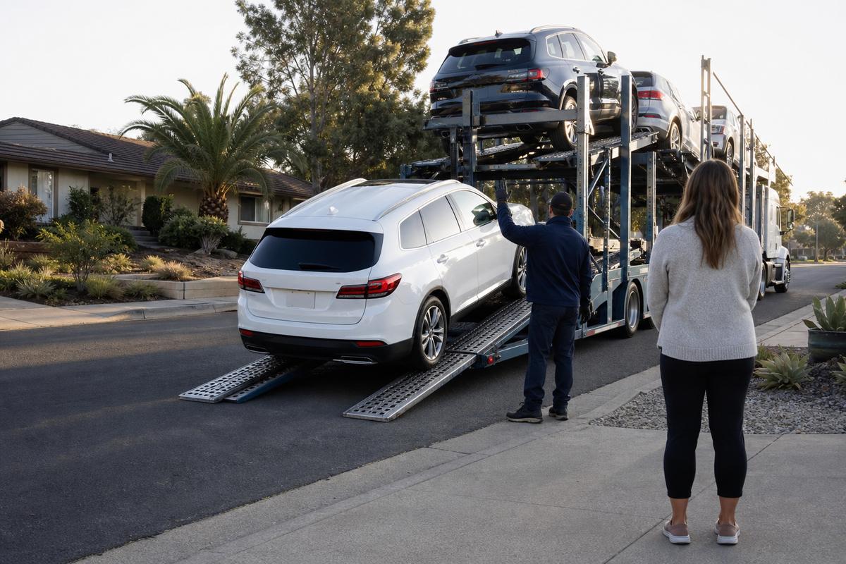 Car delivery in Carlsbad An SUV being driven down the ramps off an open carrier at delivery