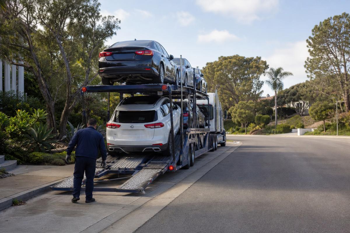 Car shipping in Carlsbad An open auto carrier unloading on a residential street