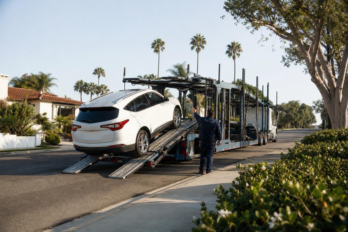 Car pickup in Carlsbad An SUV being driven up the ramps onto an open carrier at the curb