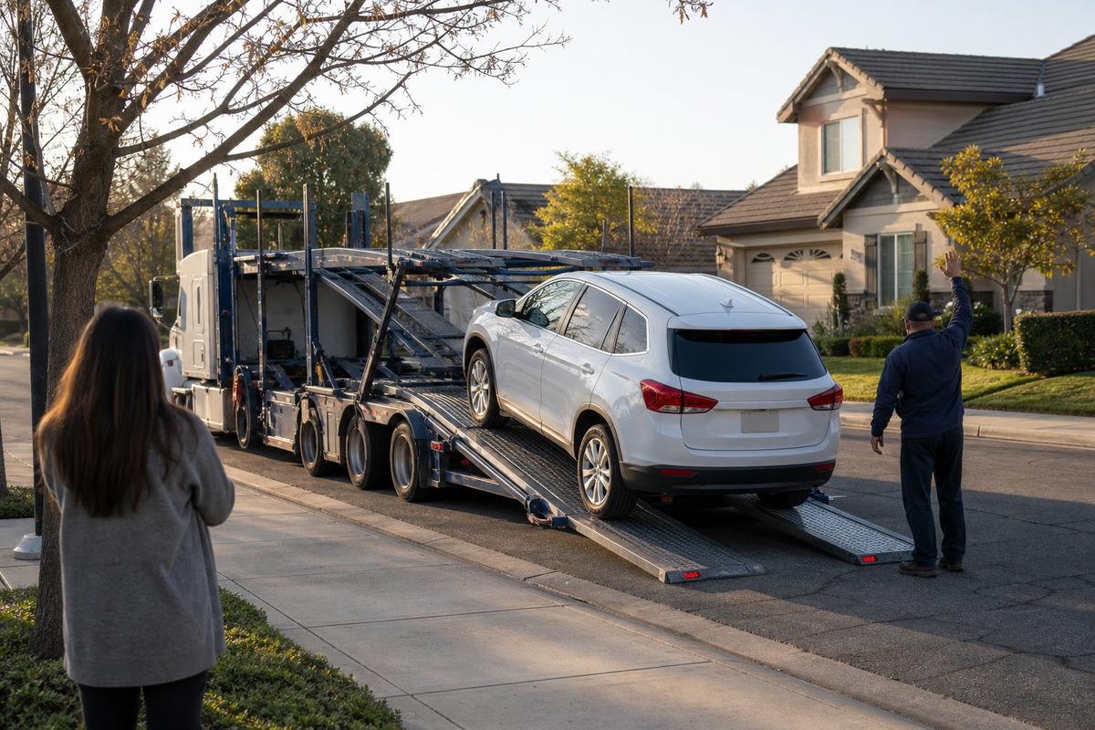 Car delivery in Clovis An SUV being driven down the ramps off an open carrier at delivery