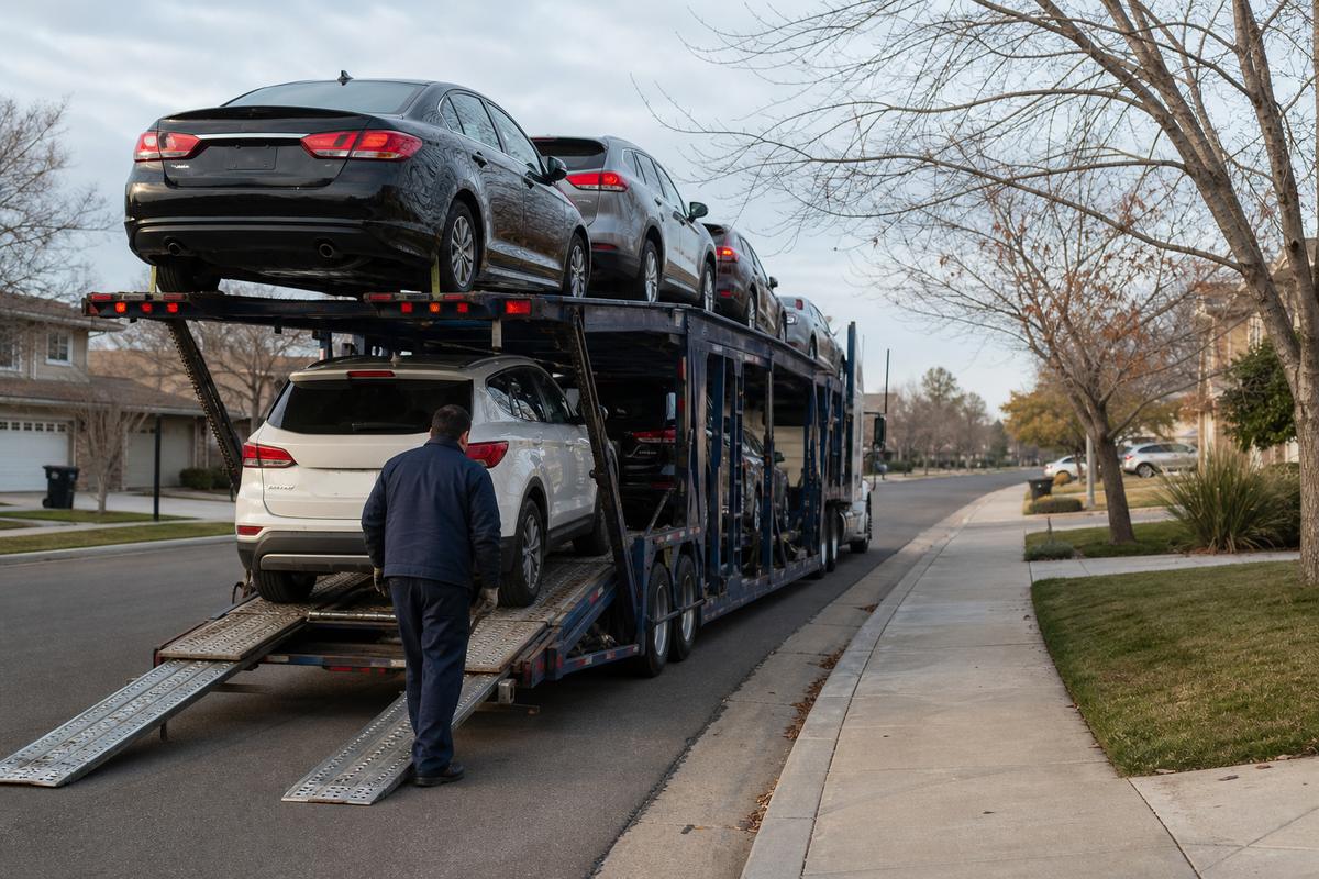 Car shipping in Clovis An open auto carrier unloading on a residential street