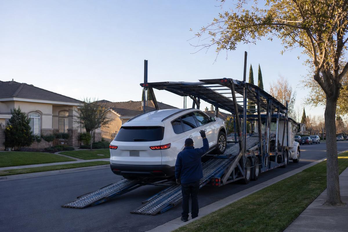Car pickup in Clovis An SUV being driven up the ramps onto an open carrier at the curb