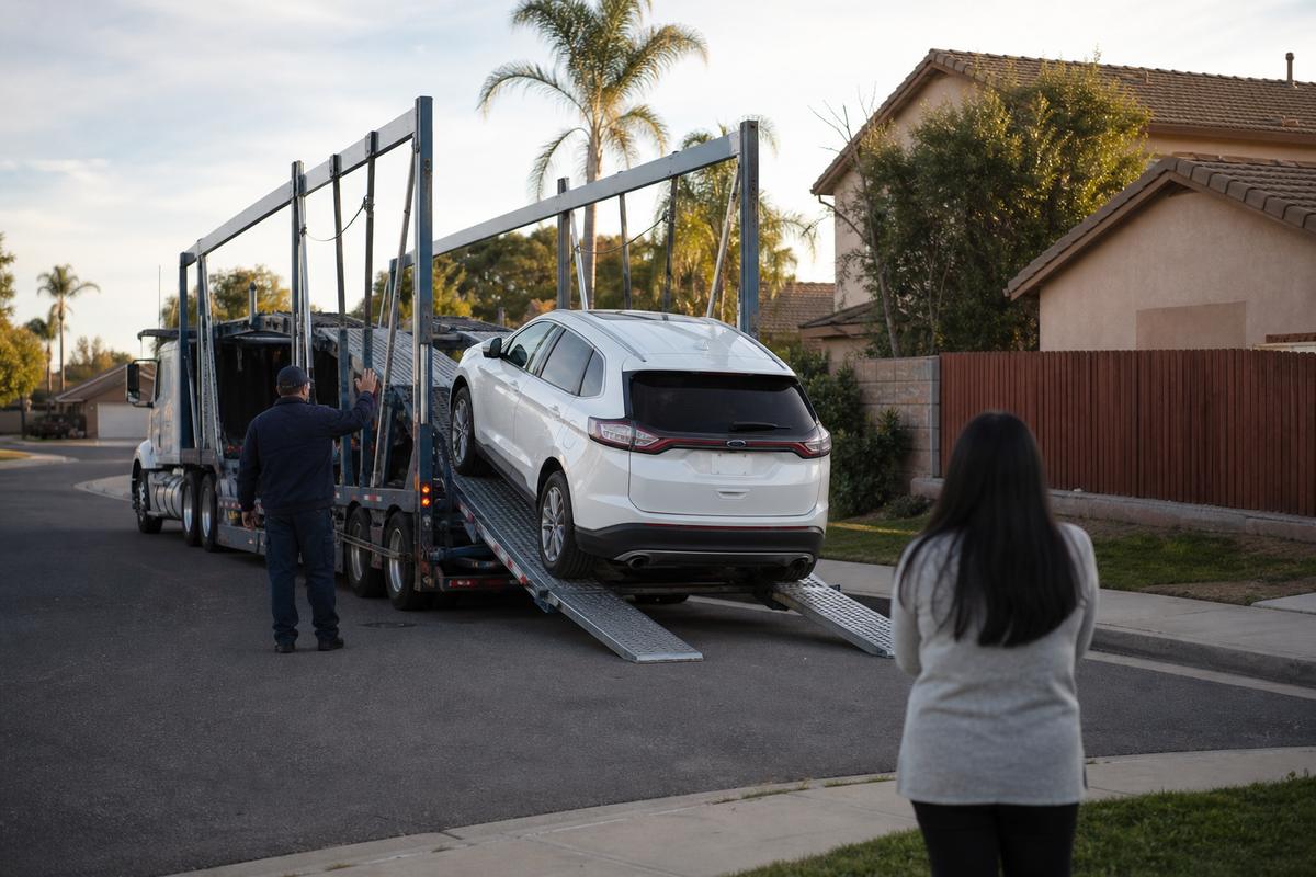 Car delivery in Corona An SUV being driven down the ramps off an open carrier at delivery
