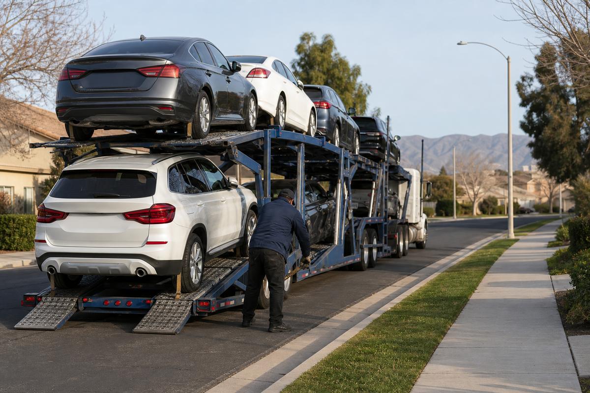 Car shipping in Corona An open auto carrier unloading on a residential street