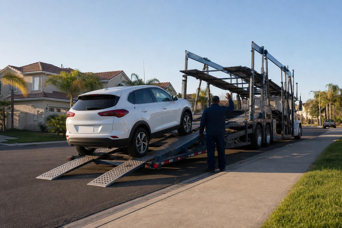 Car pickup in Corona An SUV being driven up the ramps onto an open carrier at the curb