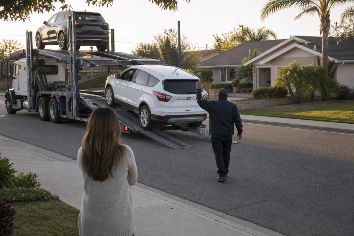 Car delivery in Costa Mesa An SUV being driven down the ramps off an open carrier at delivery