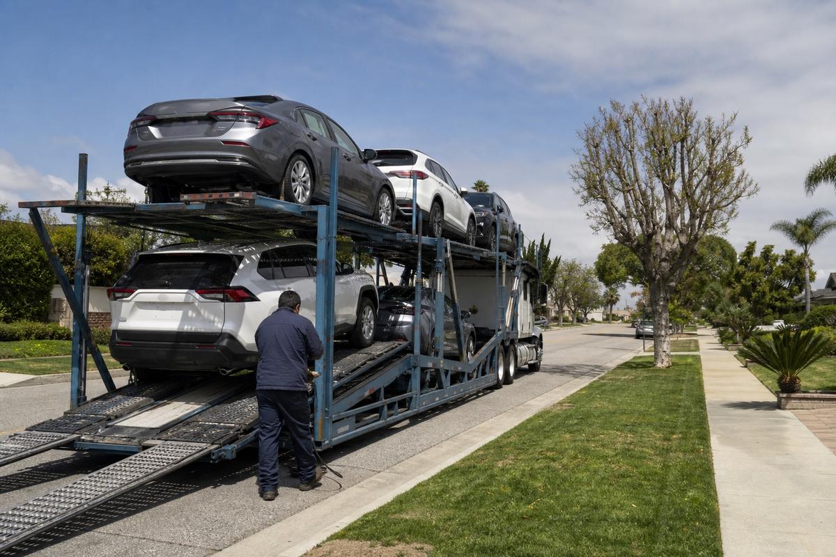 Car shipping in Costa Mesa An open auto carrier unloading on a residential street