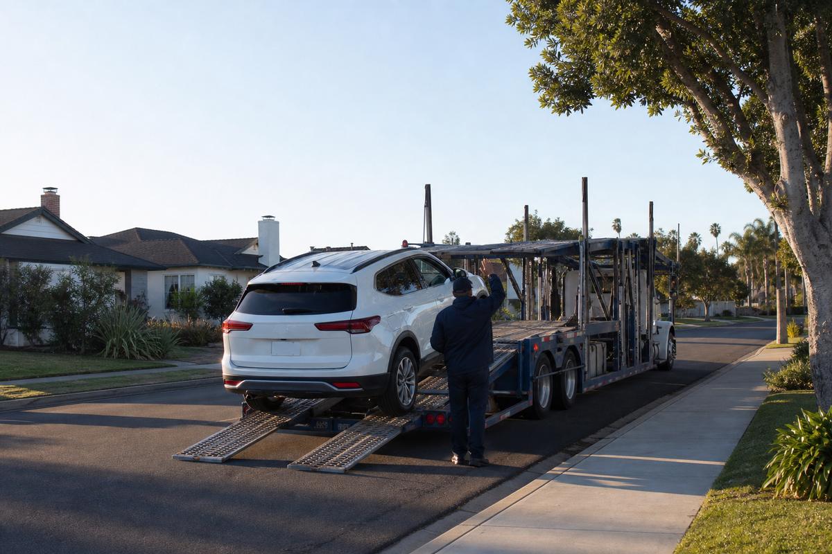Car pickup in Costa Mesa An SUV being driven up the ramps onto an open carrier at the curb