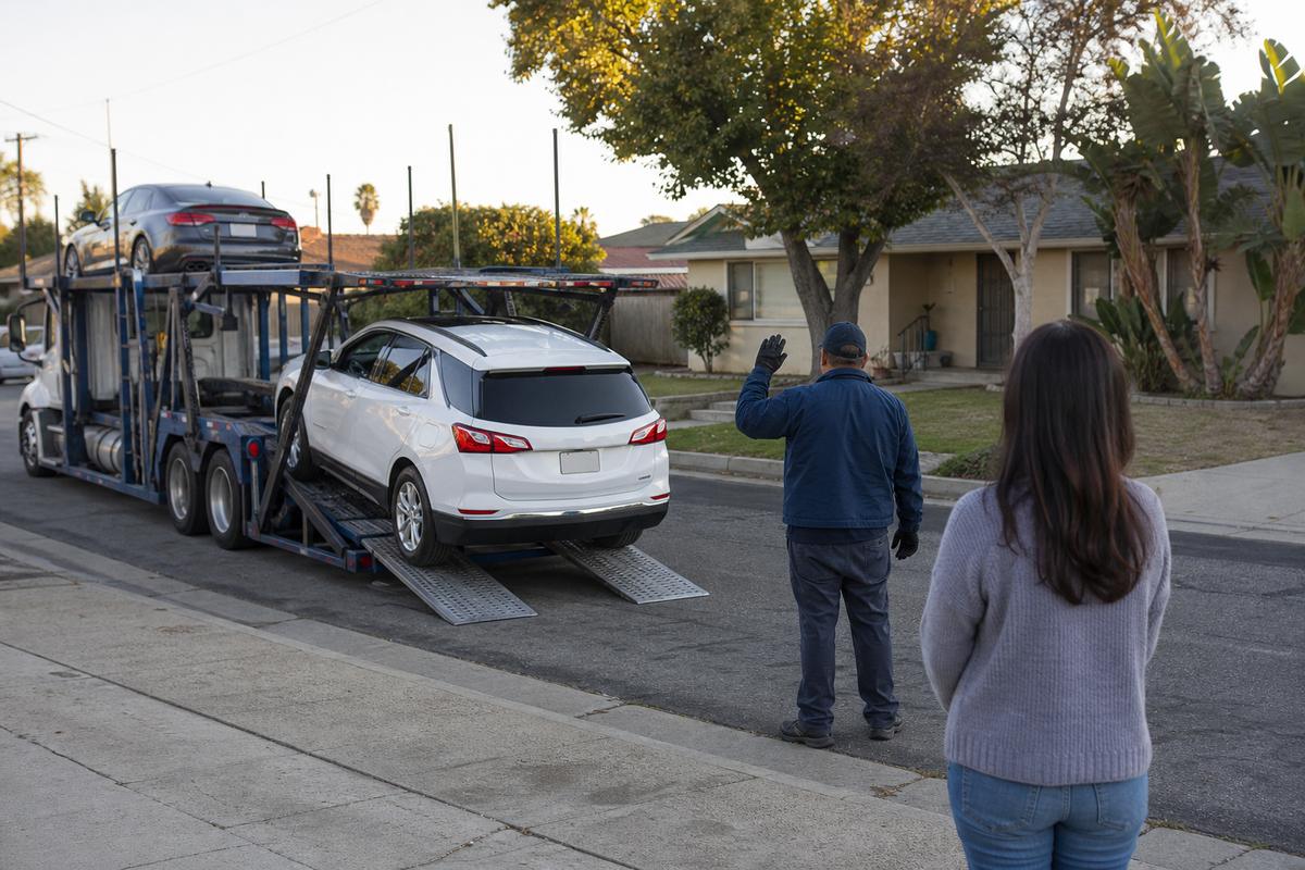 Car delivery in Downey An SUV being driven down the ramps off an open carrier at delivery