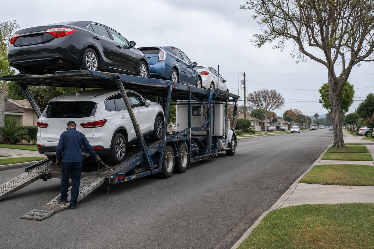 Car shipping in Downey An open auto carrier unloading on a residential street