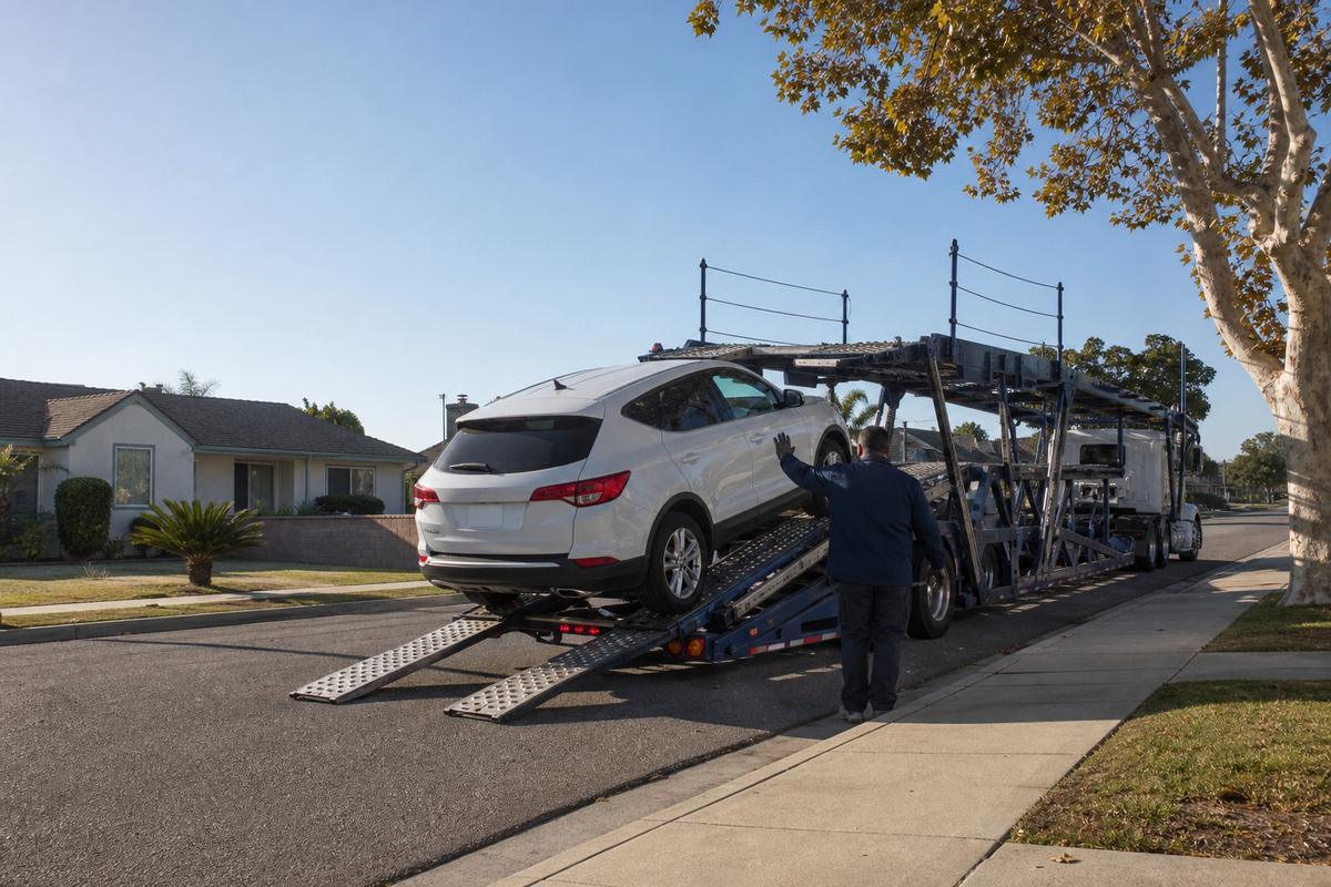 Car pickup in Downey An SUV being driven up the ramps onto an open carrier at the curb