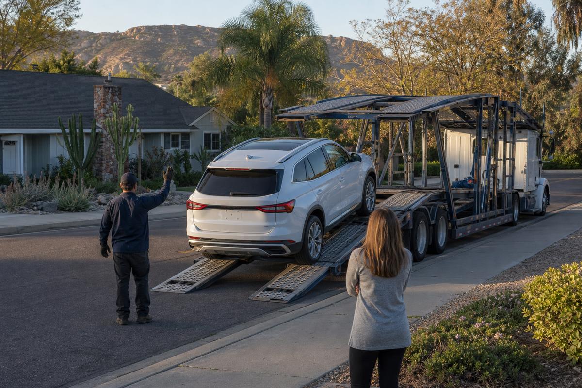 Car delivery in Escondido An SUV being driven down the ramps off an open carrier at delivery