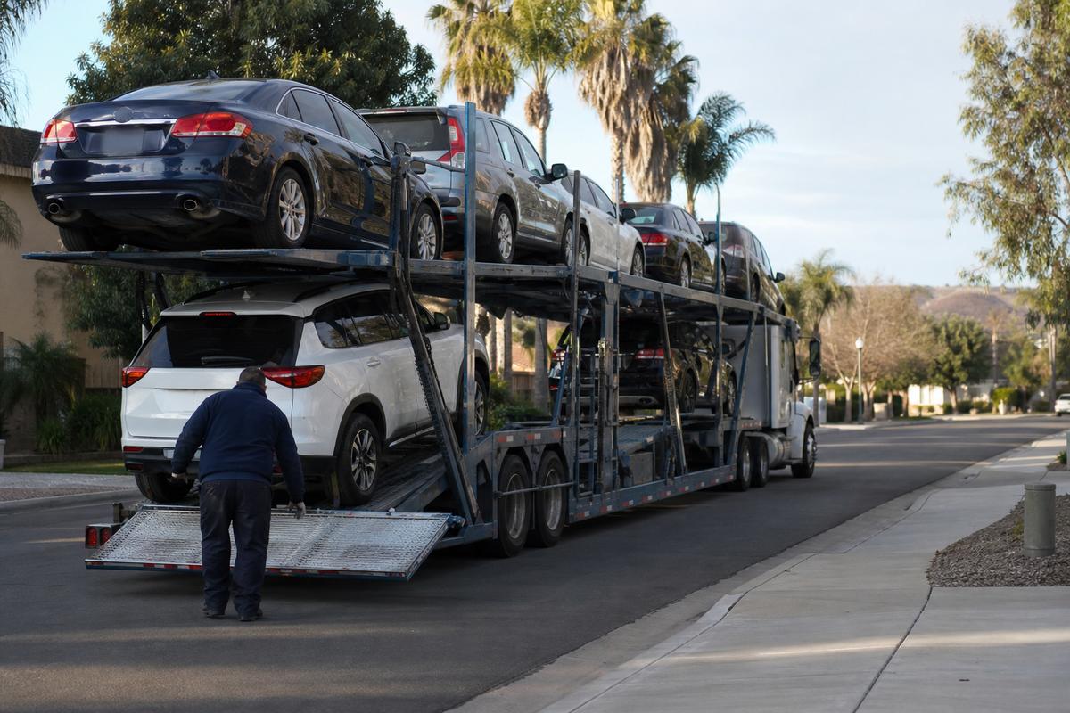 Car shipping in Escondido An open auto carrier unloading on a residential street
