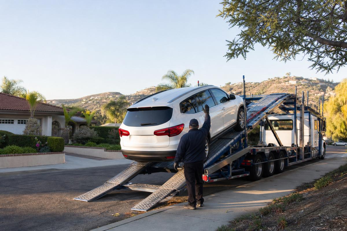 Car pickup in Escondido An SUV being driven up the ramps onto an open carrier at the curb