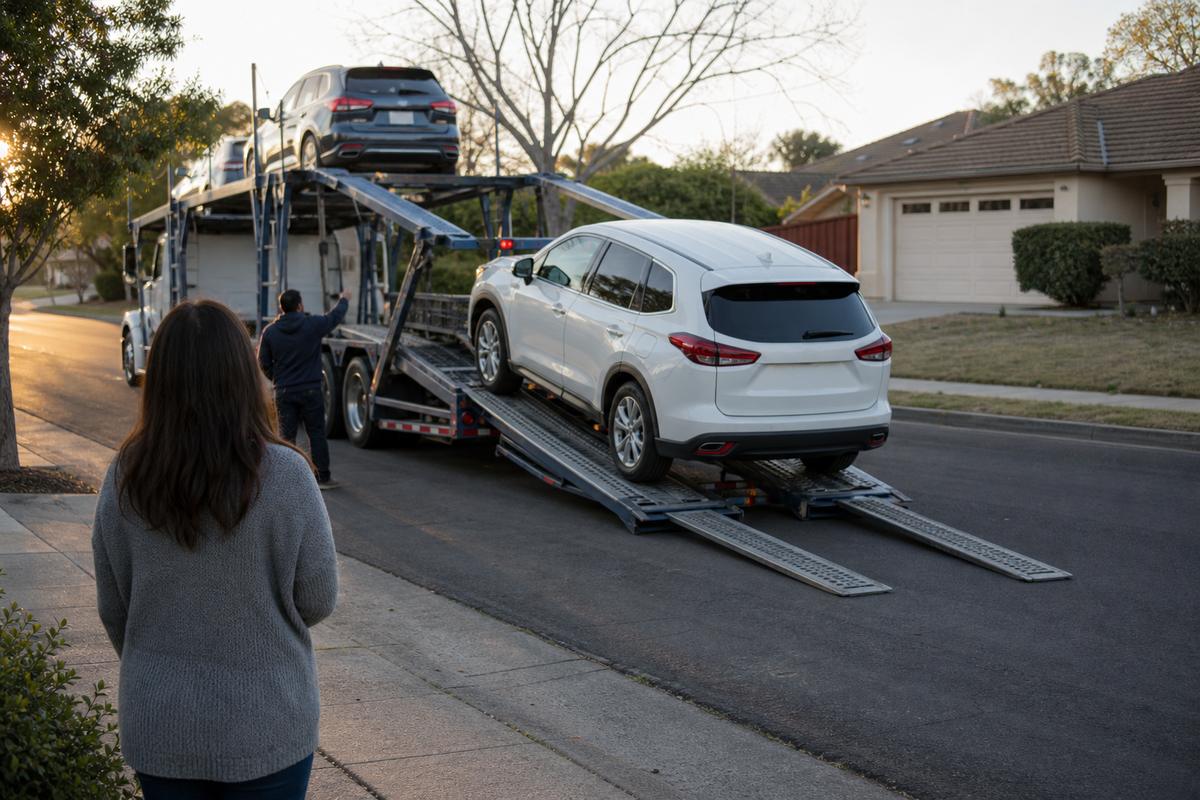 Car delivery in Fairfield An SUV being driven down the ramps off an open carrier at delivery