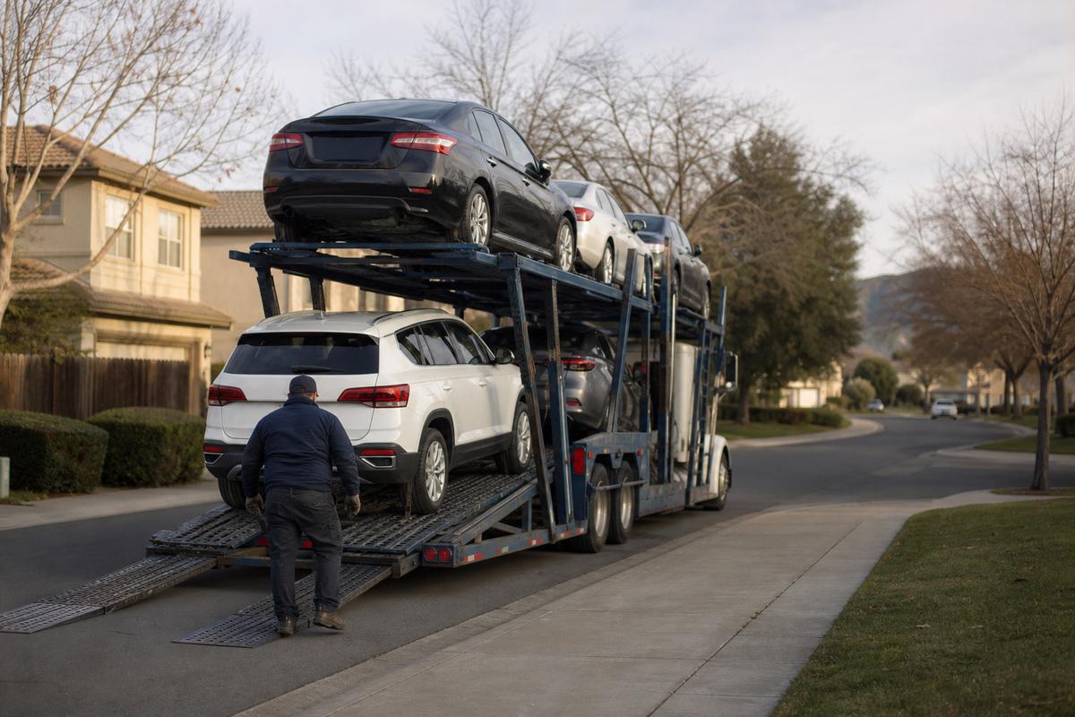 Car shipping in Fairfield An open auto carrier unloading on a residential street