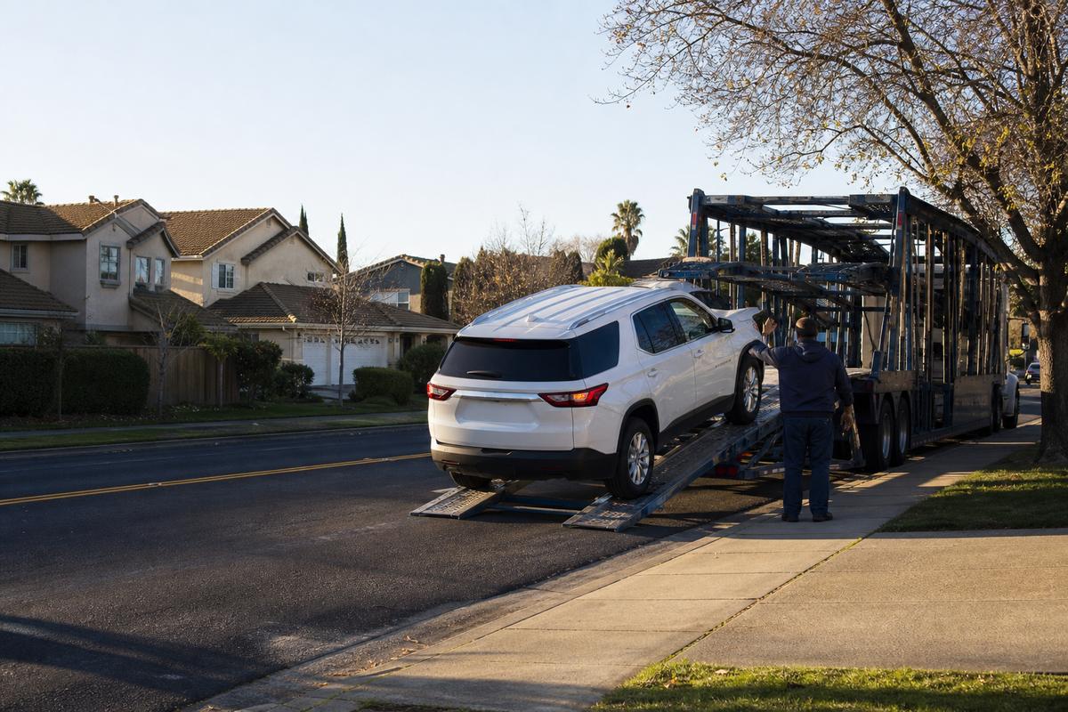 Car pickup in Fairfield An SUV being driven up the ramps onto an open carrier at the curb