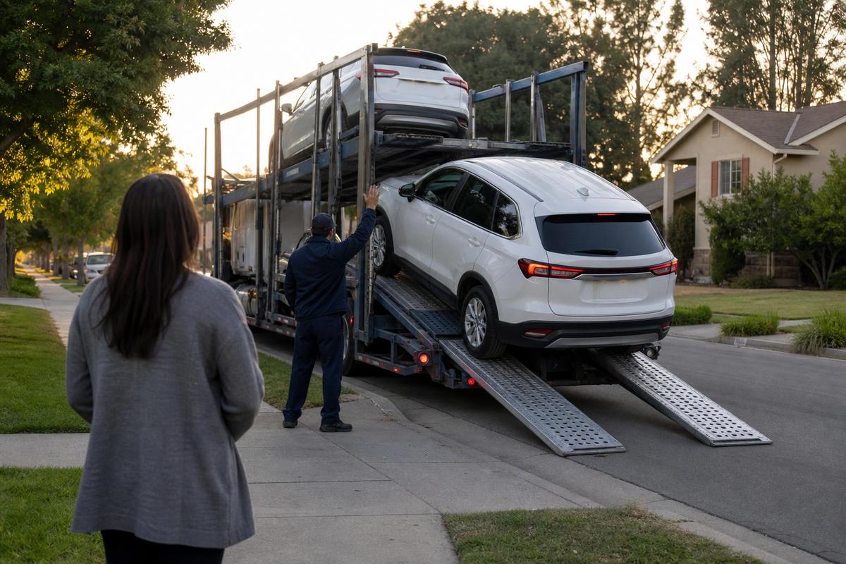 An SUV being driven down the ramps off an open carrier at delivery